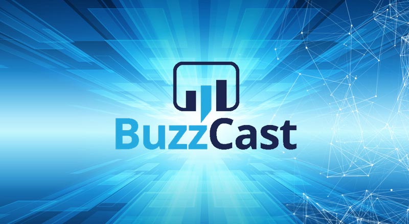 BuzzCast logo over blue technical background