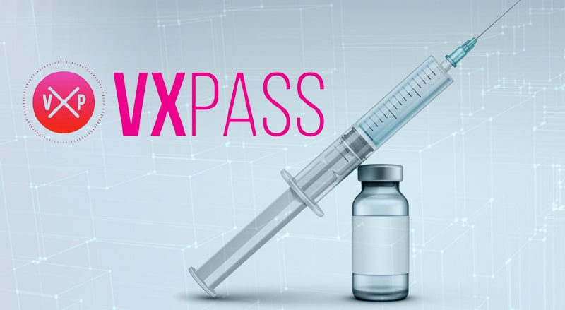 VXPASS logo over syringe on fluid bottle background