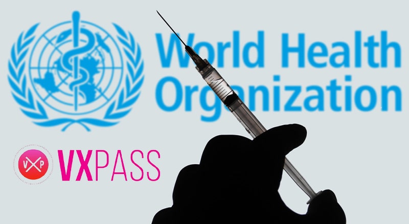 World Health Organization and VXPASS logo behind hand holding syringe wit fluid in their partnership for Covid-19 vaccines