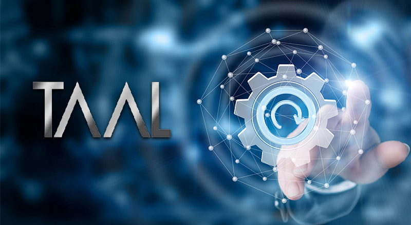 TAAL logo over digital gears and hand reaching depicting mining in BSV