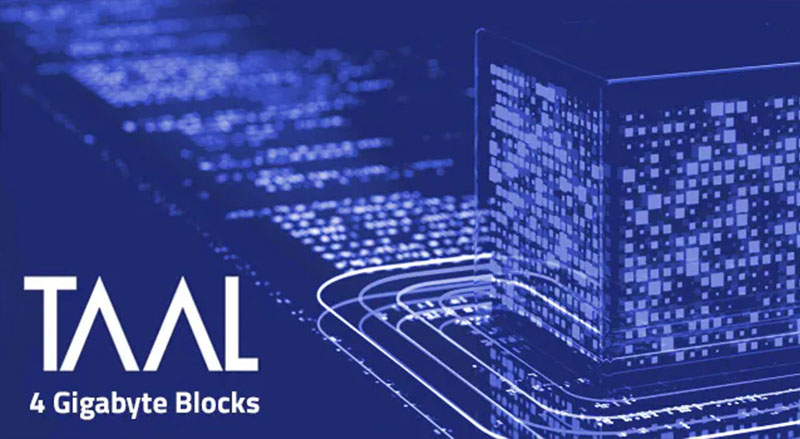 TAAL Logo and 4 Gigabyte Blocks text over giant digital block showing world record of TAAL