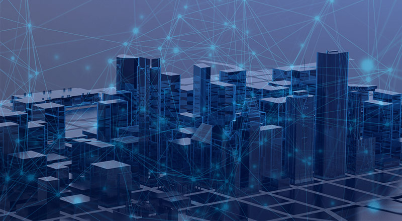 Scale model city behind digital node abstract concept depicting Enterprises that use blockchain as key infrastructure