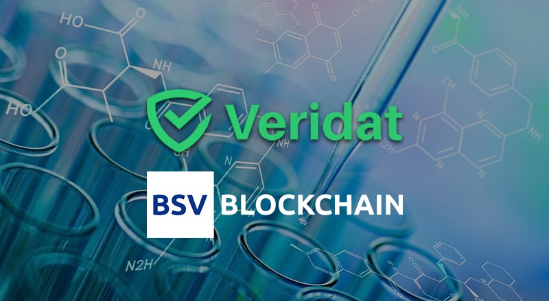 Veridat and BSV Blockchain logo over digital pharmaceuticals background symbolizing pharma and blockchain