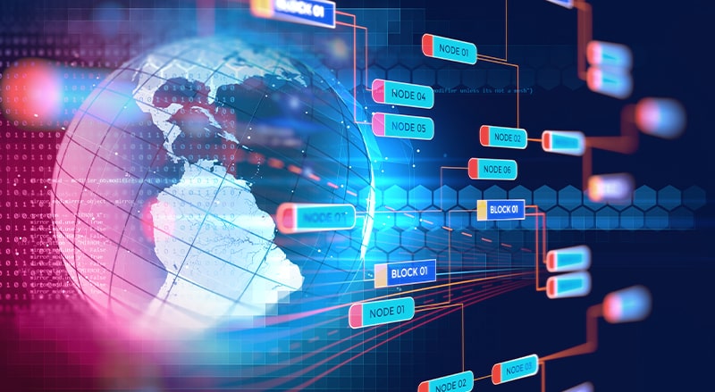 Digital globe and floating connected nodes depicting how the BSV blockchain supercharges the public sector