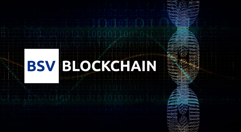 BSV Blockchain logo over technical digital chains representing data management and blockchain intervention