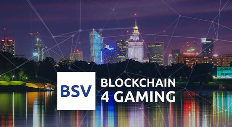 BSV Blockchain 4 Gaming logo over Warsaw Poland Skyline for Blockchain 4 Gaming conference in Warsaw