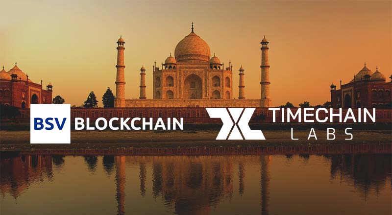 BSV Blockchain and Timechain Labs logo over Taj Mahal landscape view for blockchain event in India