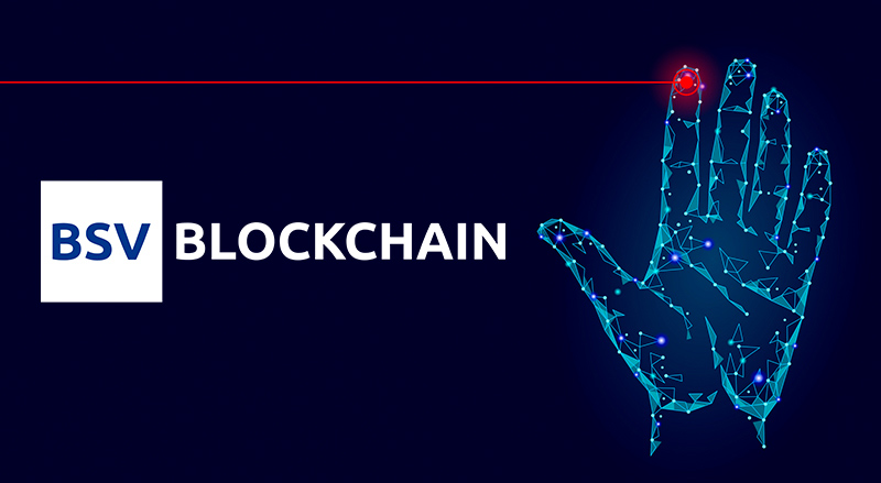 BSV Blockchain logo over digital hand with red line segment representing biometric security