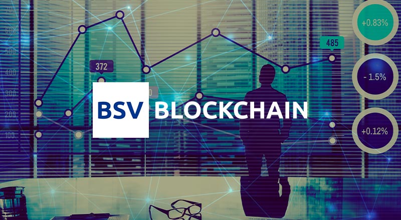 BSV Blockchain over man standing in office with floating numbers and charts representing investment in blockchain