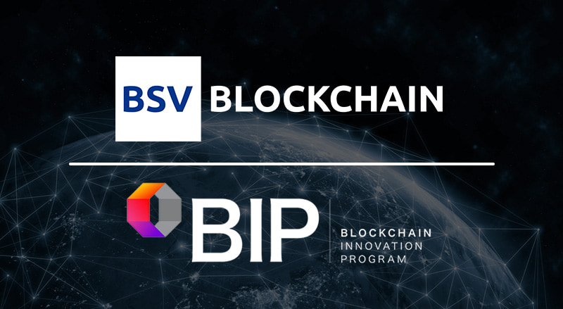 BSV Blockchain and BIP logo over digital globe connected by nodes for launch of Blockchain Innovation Programme