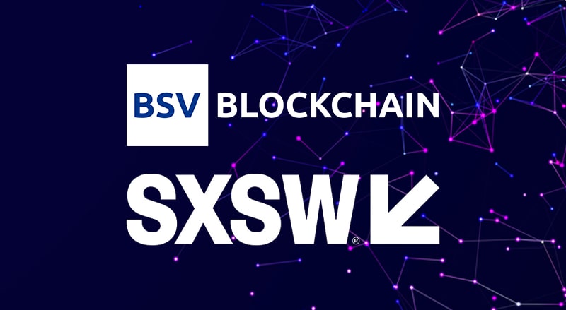 BSV Blockchain and SXSW logo over digital lines background for the ‘Democratise Music’ panel at SXSW 2023