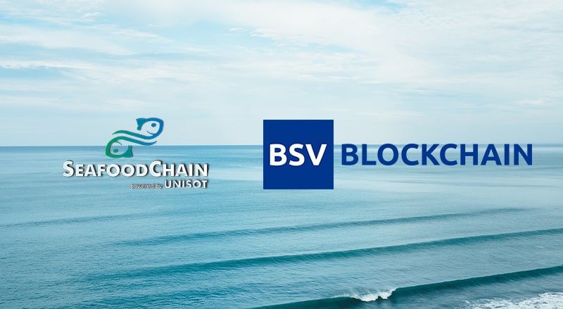 BSV Blockchain and Seafood Chain logo over ocean waters on blockchain making life better for businesses and consumers