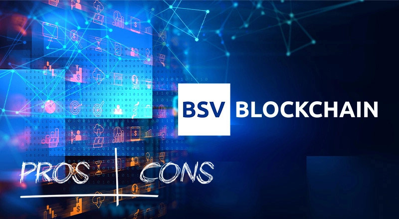 BSV Blockchain logo over Pros and Cons matrix comparing public and private blockchain features