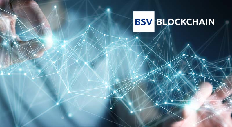 BSV Blockchain logo over man touching digital lines