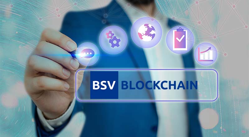 BSV Blockchain logo over man touching floating icons for Investigating, deploying & regulating blockchain within the public sector