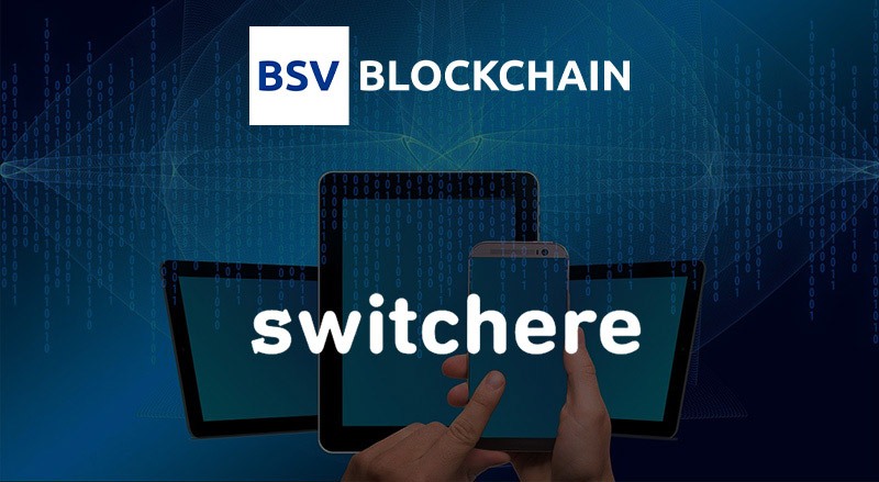 BSV Blockchain and Switchere logo over hand pressuing phone and different devices in listing BSV in Switchere