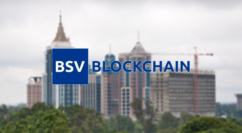 BSV Blockchain logo over India skyline for event at new Citadel office in India