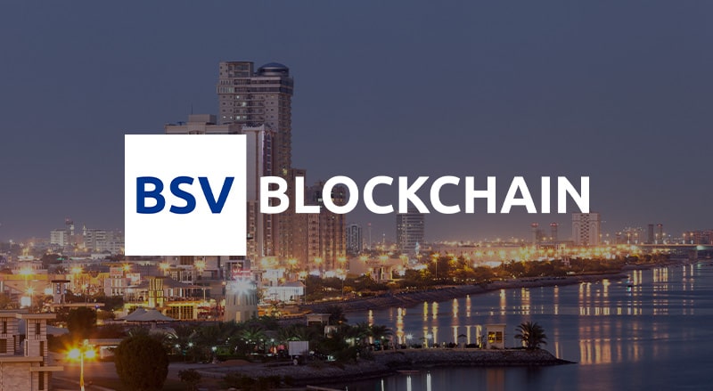 BSV Blockchain logo over UAE skyline for VIP Reception in Ras Al-Khaimah UAE