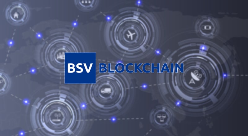 BSV Blockchain logo over connected nodes and symbols representing Unbounded IoT opportunities on the BSV Blockchain