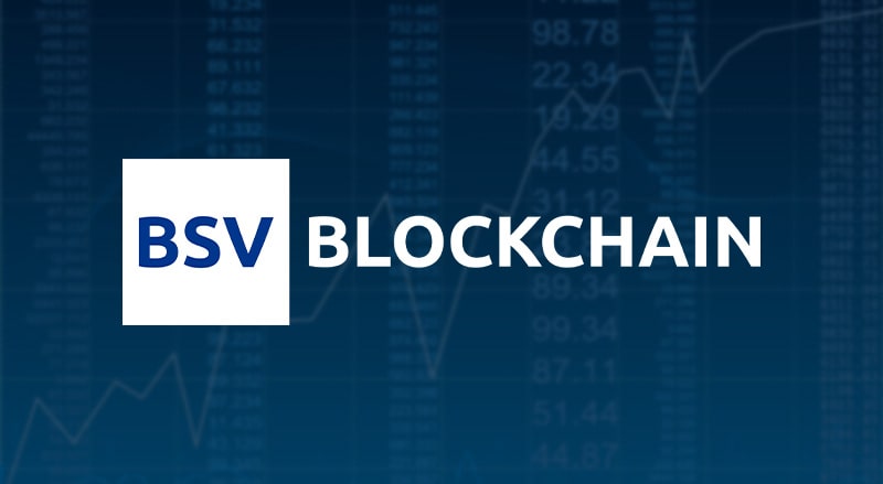 BSV Blockchain logo over stocks background for BSV blockchain acting as a platform for a Financial Market Infrastructure