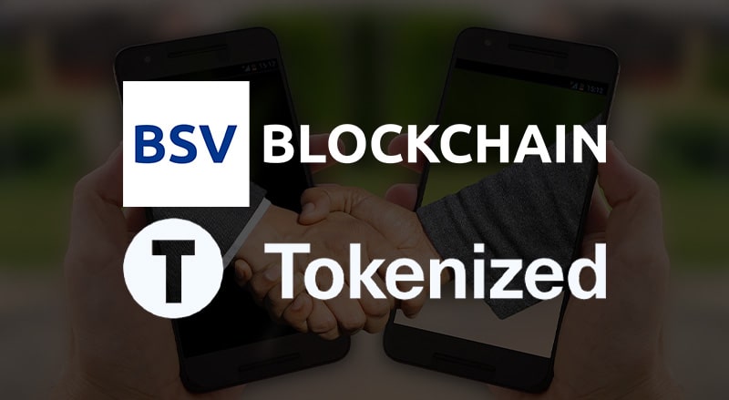 BSV Blockchain and Tokenized logo over businessmen agreeing representing smart contracts