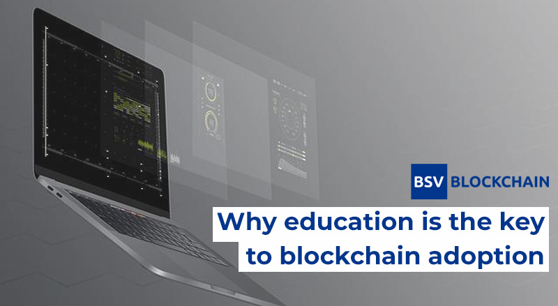 BSV Blockchain logo over laptop with technical interface representing education and blockchain