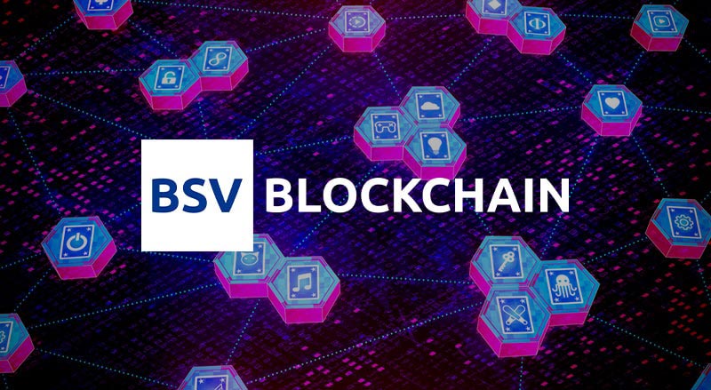 BSV Blockchain logo over connected digital assets depicting the metaverse