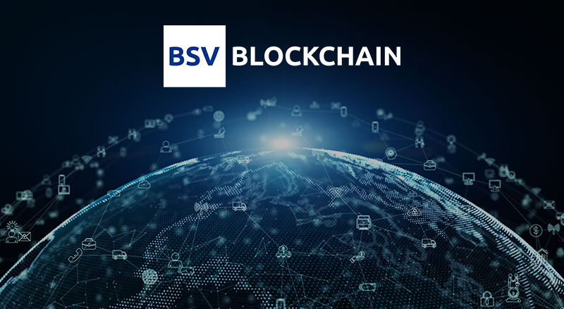 BSV Blockchain logo over digital globe with floating symbols representing gaming and esports