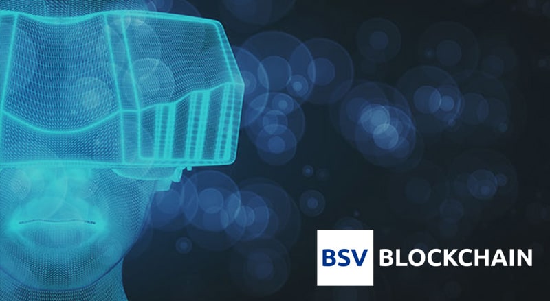 BSV Blockchain logo over digital man wearing VR gaming goggles