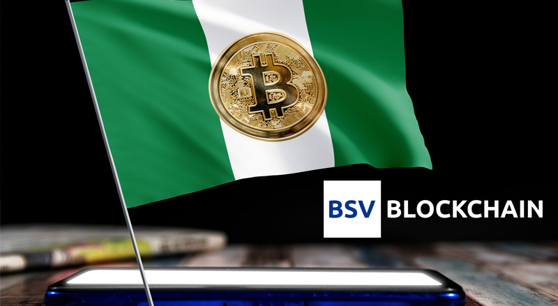 BSV Blockchain logo over flag of Nigeria with bitcoin in the middle for Domineum Blockchain Day in Nigeria