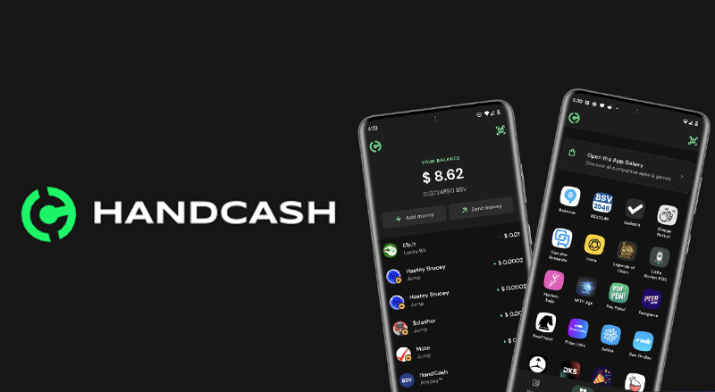 Handcash logo beside cellphones with Handcash interface