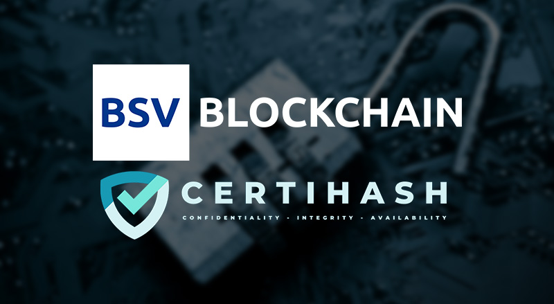 BSV Blockchain and Certihash Logo over padlock symbolizing cybersecurity