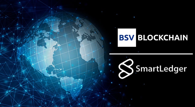 BSV Blockchain and SmartLedger Logo over digital globe representing blockchain infrastructure