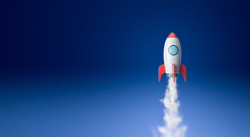 Rocketship launching over blue background representing blockchain growth