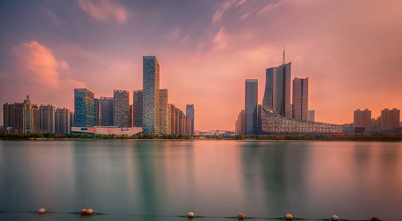 Sunset over Swan Lake financial business district, Hefei city