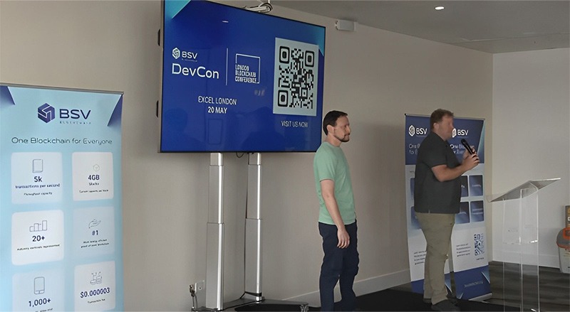 David Case and Luke Rohenaz presenting the 1SatOrdinals protocol at BSV Blockchain DevCon 2024 at the London ExCel Convention Centre.