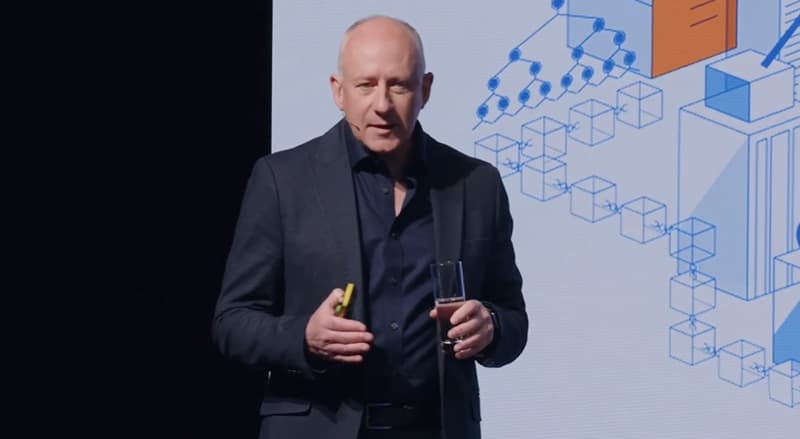 Richard Baker speaking about blockchain technology at the London Blockchain Conference 2024